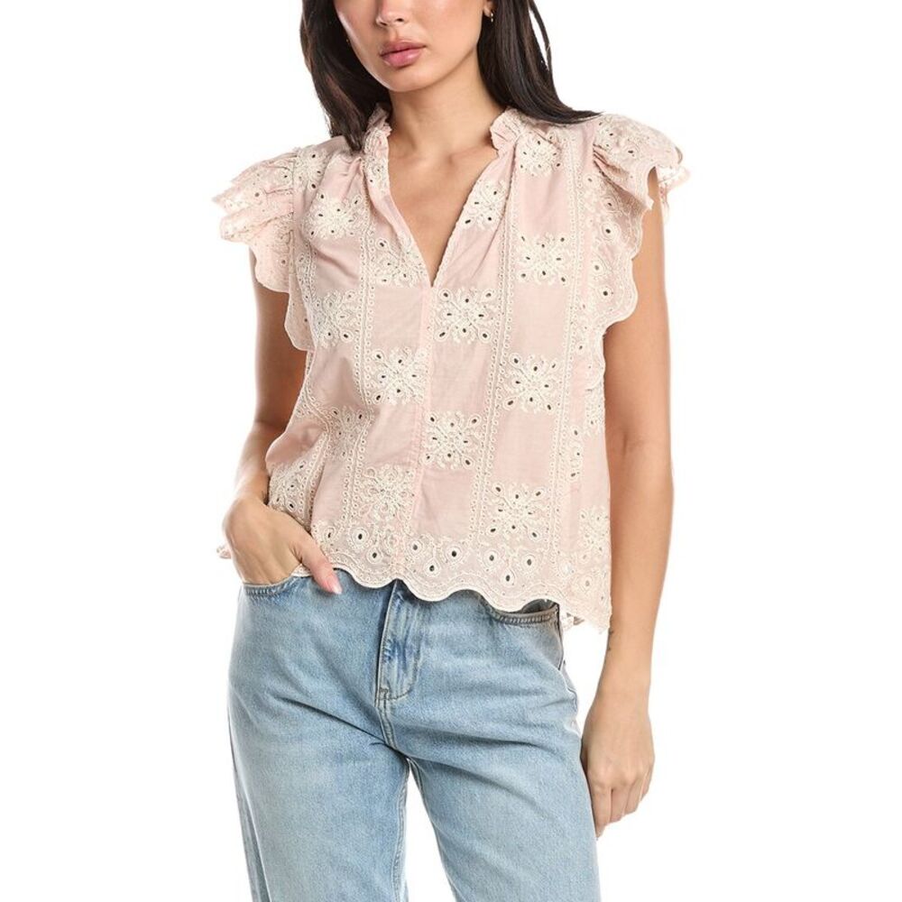 Stellah Womens  Lucy Embroidered Split Neck Top, Pink